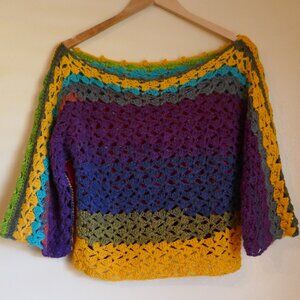 Colorful Bright Crochet Handmade Sweater 3/4 Flare Sleeve Small/Med